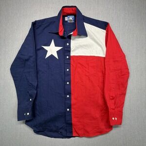 Vintage Texas Cotton Long Sleeve Texas Flag Button Up Shirt Mens Medium Western
